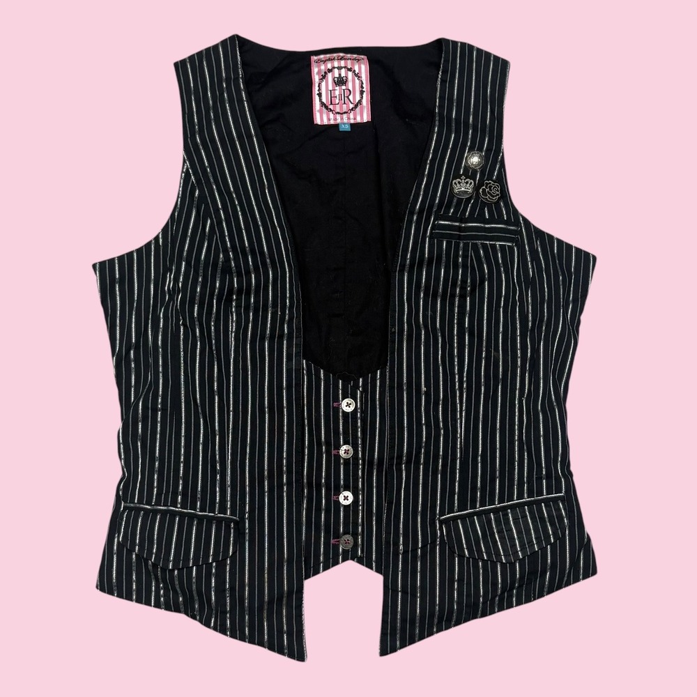 English Laundry Womens Pinstripe Vest Black Silver Metallic Waistcoat XS 1502